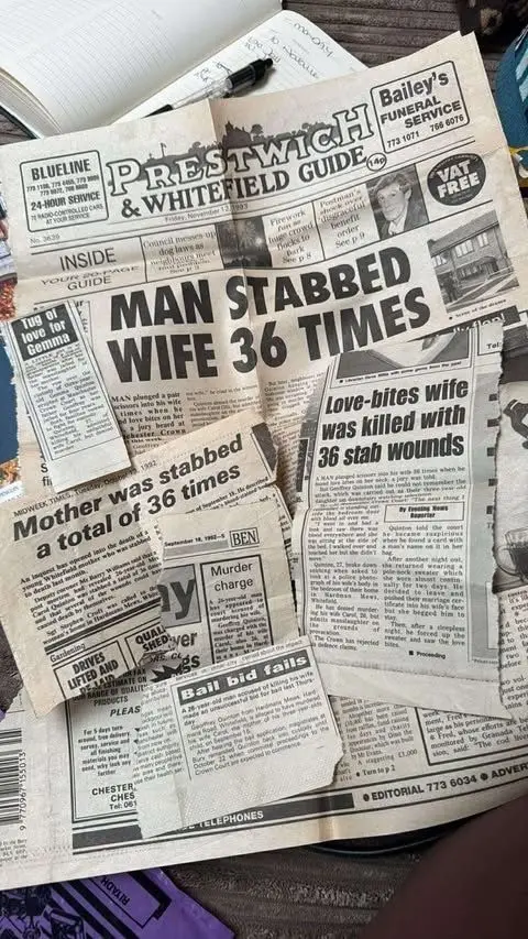 Gemma Ahern Newspaper clippings from 1993 about the case with headline "Man stabbed wife 36 times" and smaller clippings cut out and laid on top of larger paper