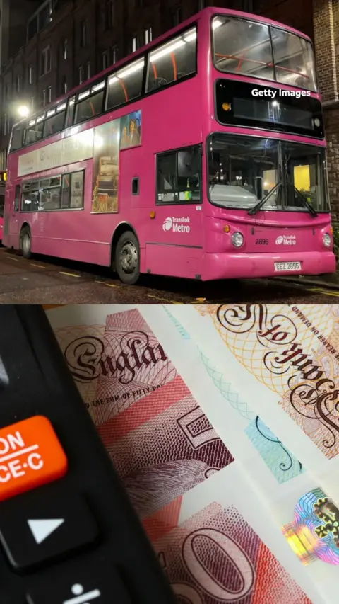 A composite image with a pink metro bus above and below a calculator and some bank notes. 