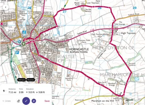 Crown Copyright An ordnance survey map showing the detailed route of the Skegness and Horncastle Ramblers walk