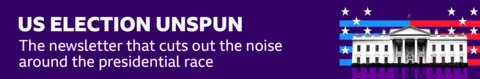 A thin, dark blue banner advertises the US Election Unspun newsletter with the following text: "News cuts through the noise surrounding the presidential race". There is also a black and white graphic of the White House on a red and blue striped background with white stars.