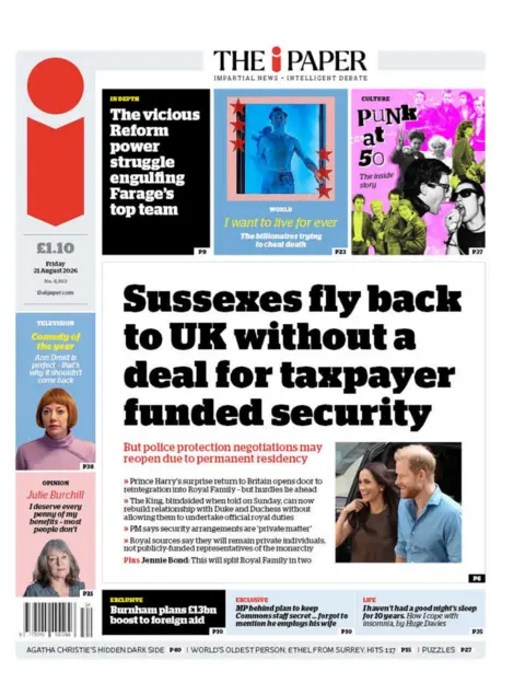 The headline on the front page of the i Paper reads: "Sussexes fly back to UK without a deal for taxpayer funded security."