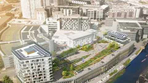 Artist's impression of a development site in Leeds showing buildings surrounding a large public square
