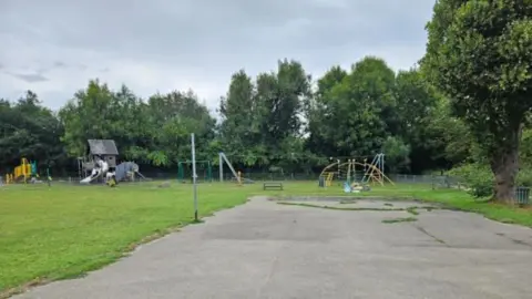 The image shows a park, with a grey path in the foreground and a playground in the background. There are tall green trees surrounding the playground and a grey sky around them.