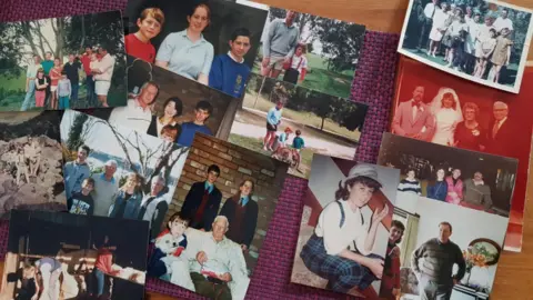 A selection of photos with various people that were found in a suitcase. They include lots of different people in school uniforms, a wedding and family holidays. 