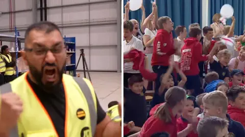 Man in a high vis jacket celebrating split screen with school children cheering.