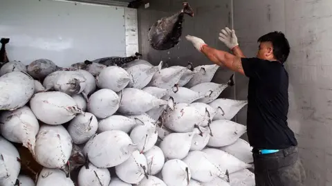 AFP via Getty Images A fisherman with a pile of frozen tuna