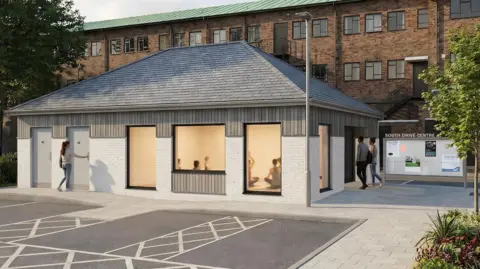 A CGI image of the plans for the South Drive toilet block. It shows that around two-thirds of the building would be used for a community space which in this image has a yoga session taking place. It also shows two other doors to the left of the building which would be the toilets.