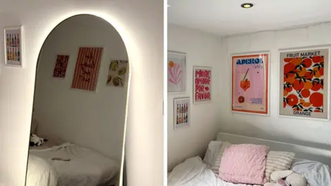Chloe Harmer A composite image of a bedroom from two angles. One shows a full length mirror with backlighting. The other shows colourful prints of fruit framed on a white wall.