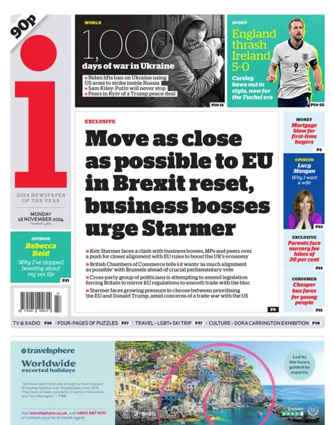 "Move arsenic  adjacent  arsenic  imaginable  to EU successful  Brexit reset, concern  bosses impulse  Starmer" headlines the i