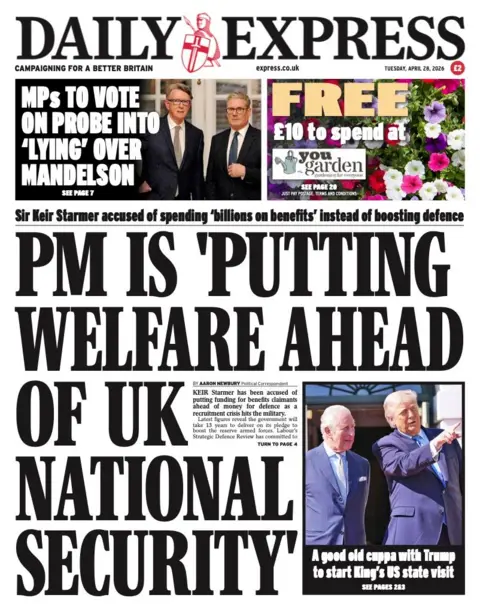 The headline on the front page of the Daily Express reads: "PM is 'putting welfare ahead of UK national security'."