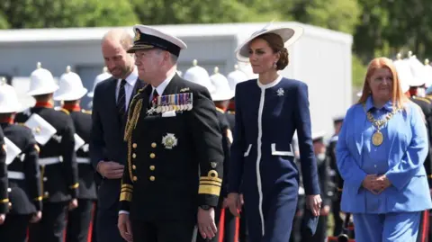 Prince William, Catherine, Princess of Wales, and a high-ranking naval officer walking in a parade-like setting. In the background are lines of uniformed military personnel, and a woman in a light blue suit and mayoral chain is also visible. The setting appears to be an outdoor military base or ceremony.