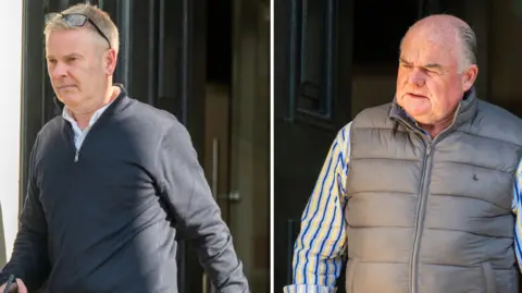 It shows pictures of two men. The one on the left is wearing a white shirt under a dark zip-up top and light blue trousers. He is wearing a watch on his left wrist and carrying a mobile phone in his right hand. The man on the right is wearing a blue and yellow striped shirt with the sleeves rolled up under a zip-up grey sleeveless top. He has a silver bracelet on his right wrist