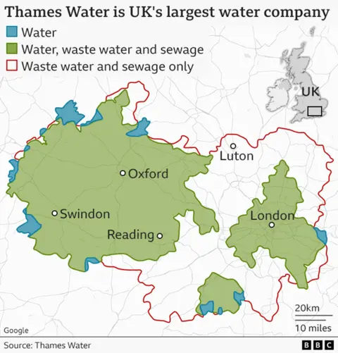 Map of the Thames Water region, with Swindon, Reading, Oxford and London highlighted as having water, waste water and sewage provided.