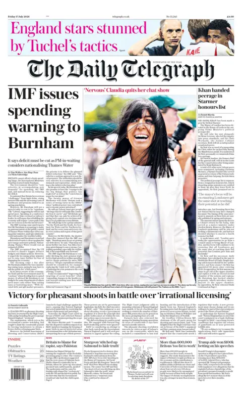 "IMF issues spending warning to Burnham," reads the headline on the front page of the Daily Telegraph. 