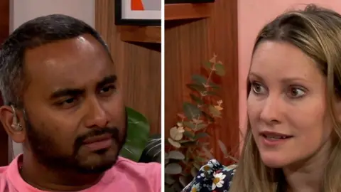 Composite image of Amol Rajan and Laura Bates talking to each other in a studio