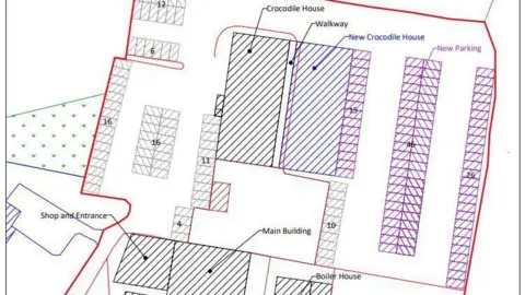 West Oxfordshire District Council The proposed site plan, showing where the new crocodile house, parking and walkway would be, compared to the existing buildings