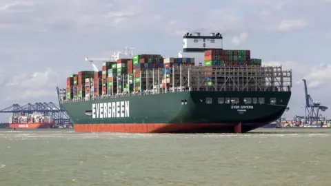 Getty Images An Evergreen container ship at Felixstowe Port