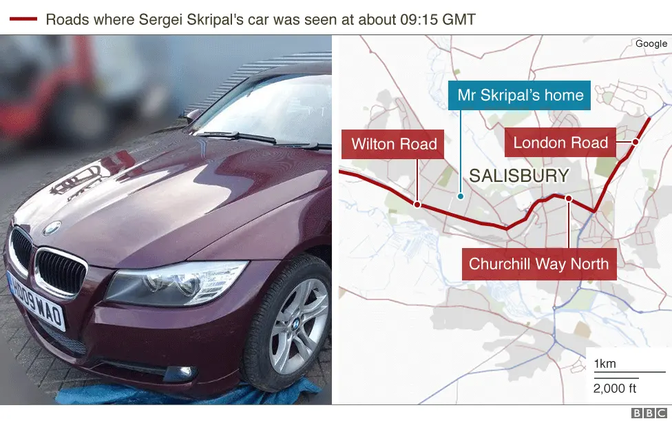 BBC Map showing sightings of Sergei Skripal's car