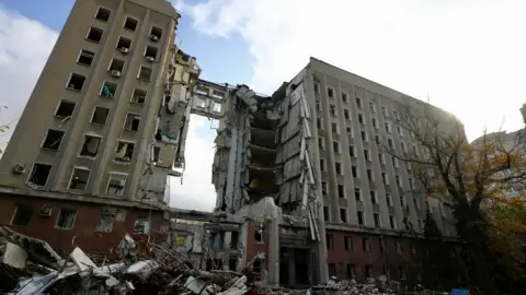 A damaged building in Mykolaiv