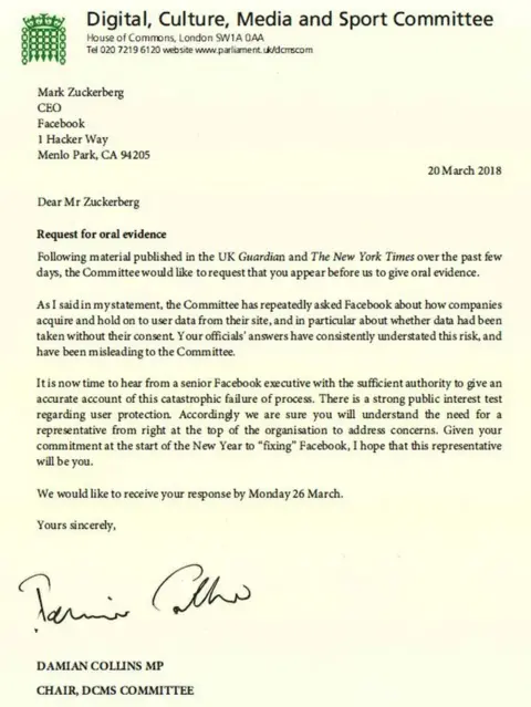 DCMS Letter from Damian Collins to Mark Zuckerberg