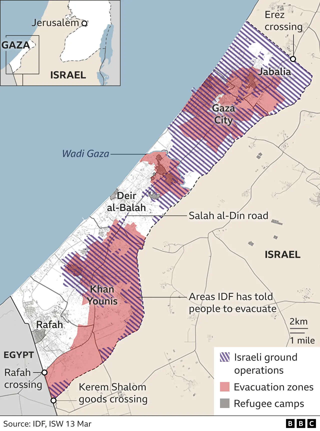 Χάρτης της Λωρίδας της Γάζας που δείχνει τις χερσαίες επιχειρήσεις και τις ζώνες εκκένωσης του Ισραήλ