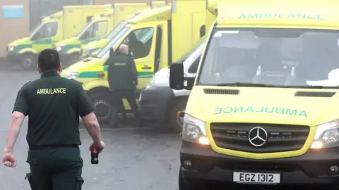 PACEMAKER Ambulances lined up in the admissions area at Antrim hospital January 2021