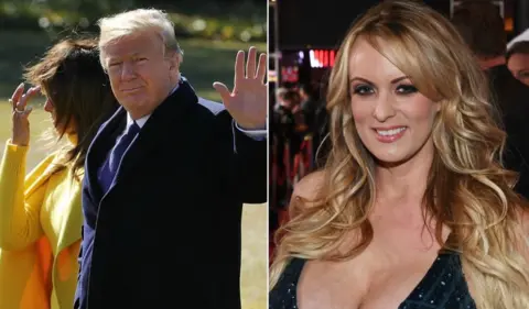 Getty Images Collage photograph of Mr Trump and his wife, Melania and adult film star Stormy Daniels