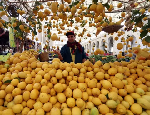 EPA A man poses behind a stall full of lemons.