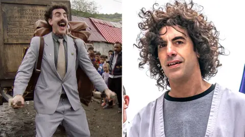 Amazon Studios/Netflix Sacha Baron Cohen in Borat 2 (left) and The Trial of the Chicago 7