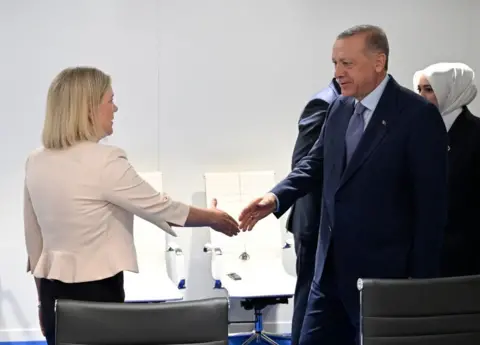 HENRIK MONTGOMERY Turkish President Erdogan (right) shaking hands with Swedish PM Magdalena Andersson (left)