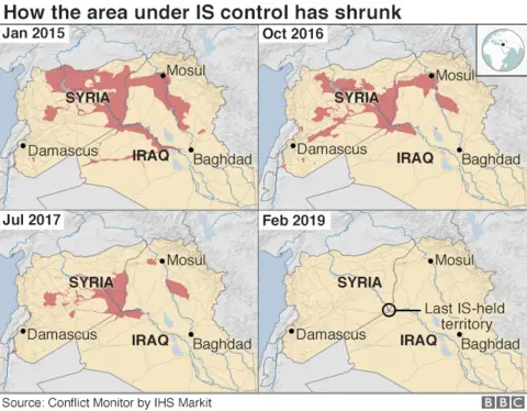 Map showing how the area under IS control has shrunk between January 2015 and February 2019