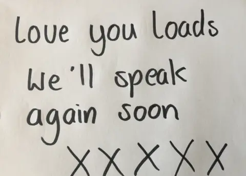 Sandra Mayhew A note written by Sandra Mayhew: "Love you loads, we'll speak again soon xxxxx"