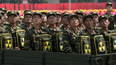 Getty Images North Korean soldiers with symbols of nuclear power