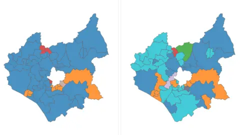 Leicestershire County Council Two maps of Leicestershire side by side with a series of lines setting out the election wards between the two. The map on the left is dominated by darker blue for the Conservatives while the one on the right, for after the election, shows a lot of lighter blue and far less darker blue.