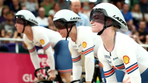 EPA Team Great Britain at the start of their race in the Women's Elite Team Sprint qualification at the UCI Cycling World Championships 2023