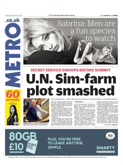 "U.N. Sim-farm plot smashed" reads the headline on the front page of Metro.
