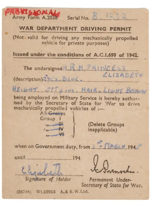 Reeman Dansie Queen Elizabeth II's provisional driving licence in the Auxiliary Territorial Service
