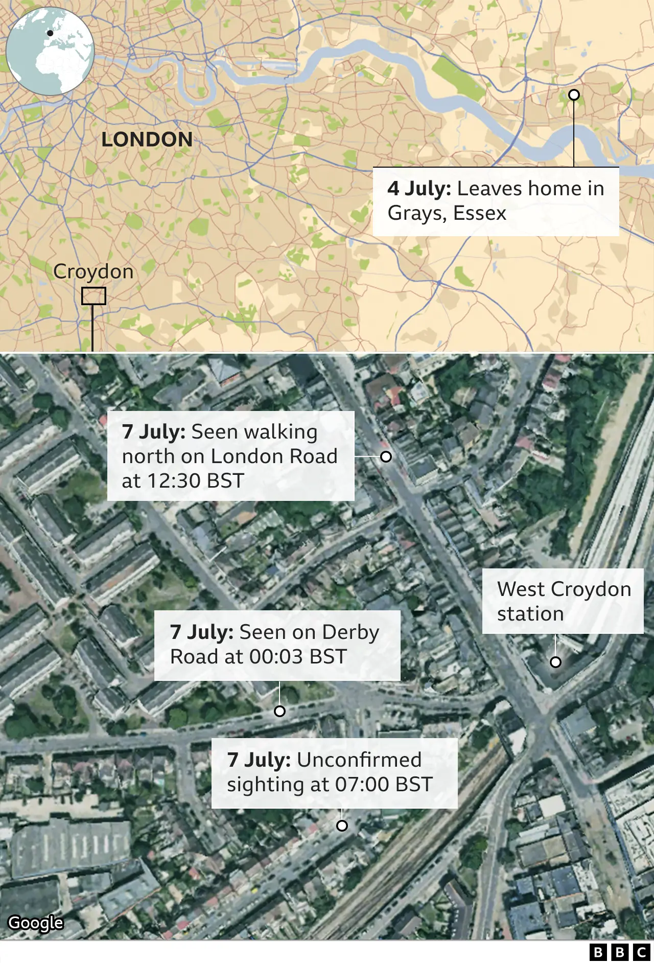 Map showing Owami Davies sightings