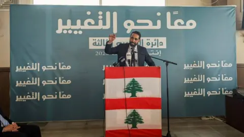 Reuters Independent candidate Firas Hamdan campaigns in Marjayoun, southern Lebanon (30 April 2022)