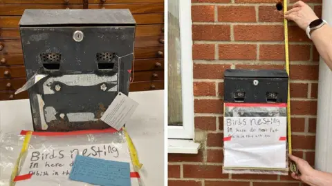 A composite of two photos showing the same cigarette bin. On the left it is on a table with a sign reading "birds nesting", having been removed. On the right is it on a wall with someone measuring it. 