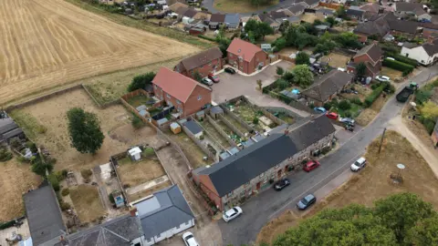 Shaun Whitmore/BBC An aerial image of homes and gardens 