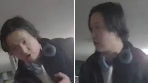 Surrey Police Two pictures show a man who police say they want to trace. The man has black hair and headphones around his neck. He has a white top and black jacket.