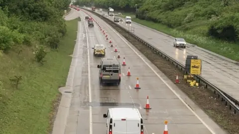 BBC Traffic on A11 northbound, with traffic cones barricading the right-hand lane