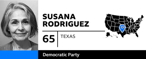 The graphic features a photo of Susana Rodriguez, 65, of Texas