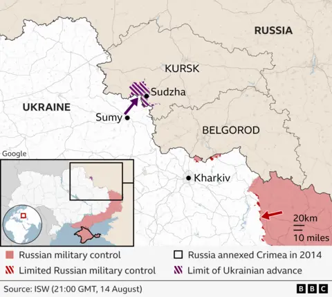 Map showing the Ukrainian offensive inside Russia, across the border from Sumy, and the regions of Kursk and Belgorod which have declared a state of emergency.