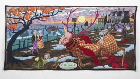 Grayson Perry A vibrant tapestry depicting a human /stag creature being mauled by dogs