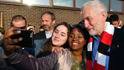 Getty Images Labour Party leader Jeremy Corbyn takes selfie photo with supporters after being presented a Rotherham United F.C. scarf during a campaign event on May 10, 2017 in Rotherham, England.