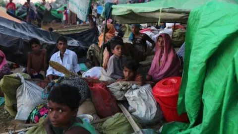 Getty Images Rohingya Muslims seen at a makeshift camp on hills at Cox's Bazar