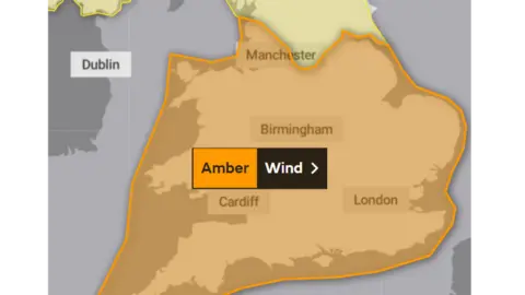 MET OFFICE map showing amber warning