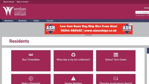 Wrexham council Screen grab of Wrexham council's website showing an advert